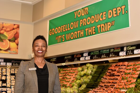 Goodfellow’s new Commissary Officer, Edith Dowtin, stands in the produce section at the Commissary on Goodfellow Air Force Base, Texas, Jan. 10, 2018. Downtin’s goals as the new Commissary Officer are to provide customers with healthy alternatives according to their dietary needs and assist with promoting the Commissary’s brand products.