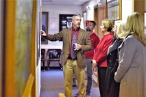 John Turnbow, director of the base museum, guides Laura Hyten (third from left) on a tour during her visit to Malmstrom Air Force Base, Montana, Jan. 17, 2018. Mrs. Hyten is married to U.S. Air Force Gen. John Hyten (not pictured), commander of U.S. Strategic Command (USSTRATCOM). While there, Gen. and Mrs. Hyten met with base leaders and airmen to thank them for their support to USSTRATCOM’s deterrence mission. She also toured facilities at the base, including the resiliency center, maintenance bay and community center. (U.S. Air Force photo by Kiersten McCutchan)