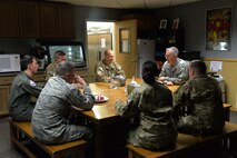 U.S. Air Force Gen. John Hyten, commander of U.S. Strategic Command (USSTRATCOM), and Chief Master Sgt. Patrick McMahon, senior enlisted leader of USSTRATCOM, speak with airmen at a missile alert facility near Simms, Mont., Jan. 16, 2018.