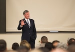 During a Profiles in Leadership seminar, Retired U.S. Navy Adm. William H. McRaven speaks to service members inside the Pfingston Reception Center located on Joint Base San Antonio – Lackland, Texas, January 10, 2018. Addressing the Airman Heritage Museum and Enlisted Character Development Center's Profiles in Leadership lecture series, McRaven focused on character and how it applies to leadership. (U.S. Air Force photo by Tech. Sgt. Ave I. Young)