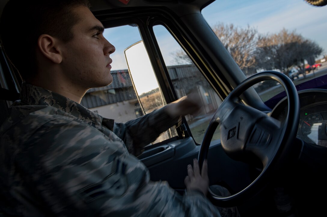 Airman 1st Class Evan Valance, 23d Logistics Readiness Squadron fuels distribution operator, drives an M-11 refueling truck to the flight line to conduct HH-60G Pave Hawk hot-pit refueling operations, Jan. 16, 2018 at Moody Air Force Base, Ga. Airmen who work in the petroleum, oils and lubricants (POL) flight frequently use hot pit refueling, which is a more efficient tactic that allows aircrews a quick transition from the flight line back to their current objective. (U.S. Air Force photo by Senior Airman Daniel Snider)