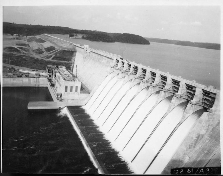 Construction of the Wolf Creek Dam Power Plant nears completion in Jamestown, Ky., July 7, 1951.  The U.S. Army Corps of Engineers Nashville District constructed the dam on the Cumberland River forming Lake Cumberland. (USACE Photo)