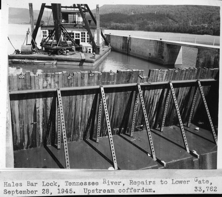 Maintenance and repairs are underway Sept. 28, 1945 at Hales Bar Lock on the Tennessee River in Jasper, Tenn. The U.S. Army Corps of Engineers Nashville District operated Hales Bar Lock until the dam was removed and replaced by Nickajack Dam in 1967. (USACE Photo)
