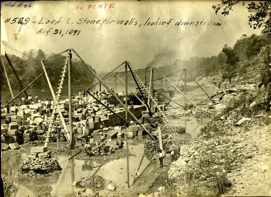 Construction is ongoing at Lock 1 on the Cumberland River in Nashville, Tenn., Aug. 31, 1891.  The view shows the stone blocks for the walls looking downstream. The U.S. Army Corps of Engineers Nashville District built the lock and dam to establish a navigation channel. The old locks and dams were replaced by today's modern dams. (USACE Photo)