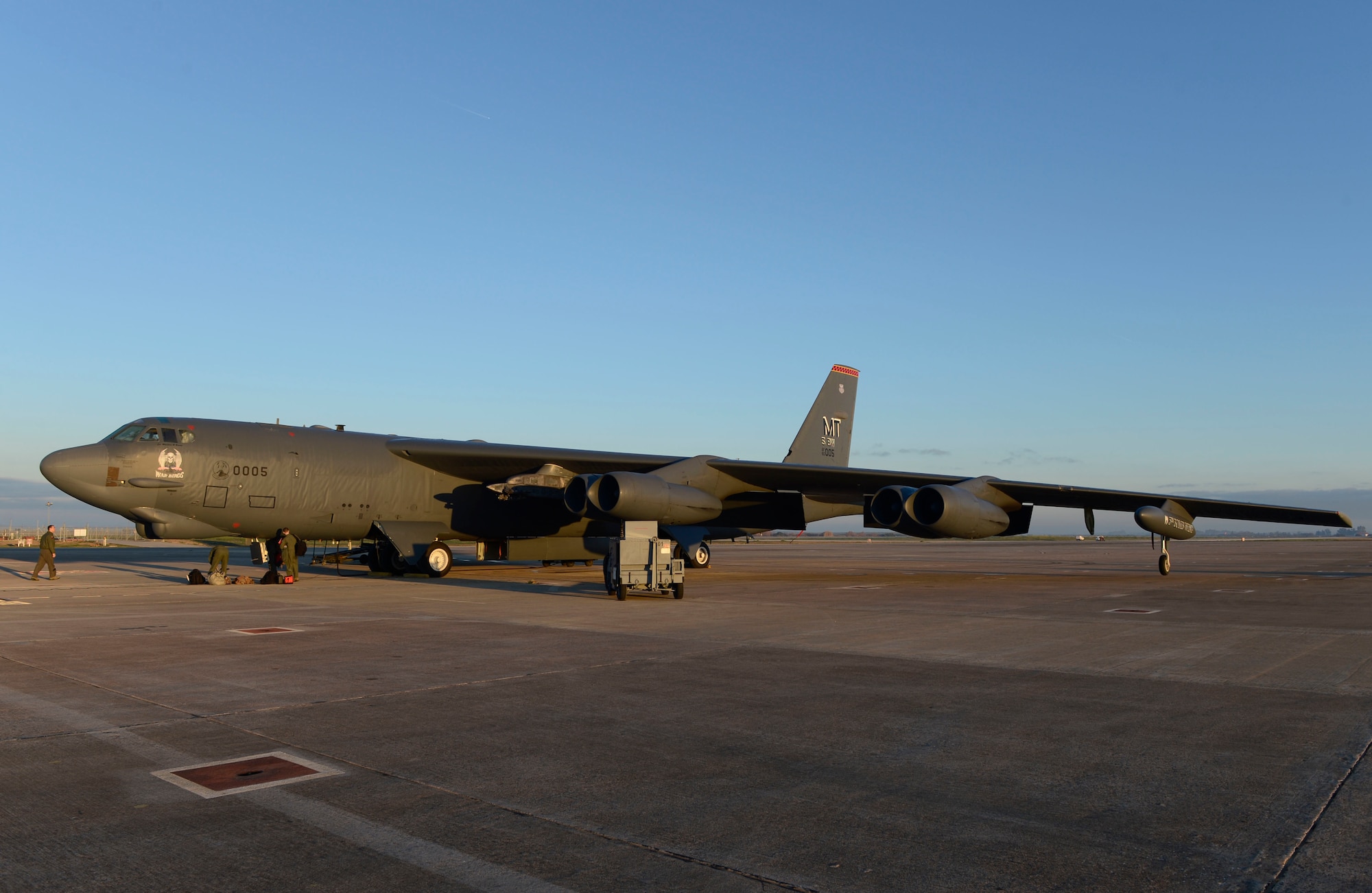 A B-52 Stratofortress from the 5th Bomb Wing, Minot Air Force Base, N.D., sits on the flightline of Morón Air Base, Spain, Jan. 17, 2018. A total of four strategic bombers deployed to RAF Fairford, England, to conduct theater integration and training with joint partners, allied nations and other U.S. Air Force units. (U.S. Air Force photo by Senior Airman Natalie Plas)