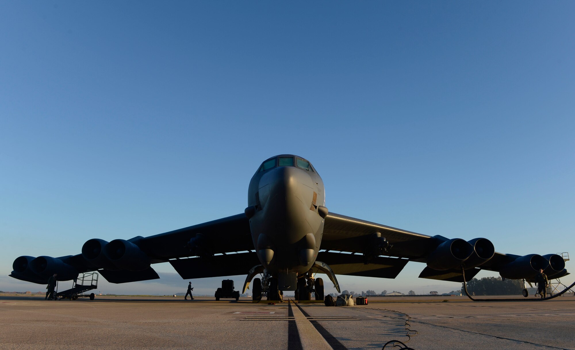 A B-52 Stratofortress sits on the flightline of Morón Air Base, Spain, Jan. 17, 2018. Through U.S. and Spanish cooperation, Morón Air Base has a long history of supporting bomber operations and serving the strategic deterrence requirements of U.S. and NATO allies for decades. (U.S. Air Force photo by Senior Airman Natalie Plas)
