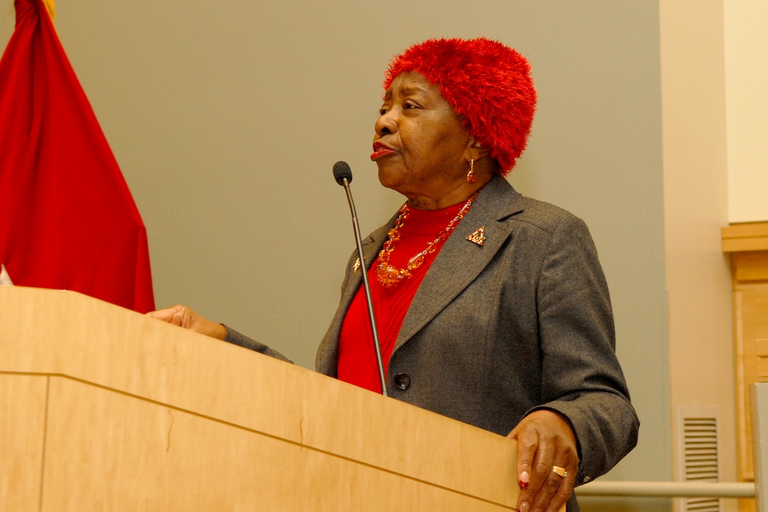 Retired Army Brig. Gen. Clara Adams-Ender speaks during a program in honor of Dr. Martin Luther King Jr at Naval Support Activity Philadelphia Jan. 16.