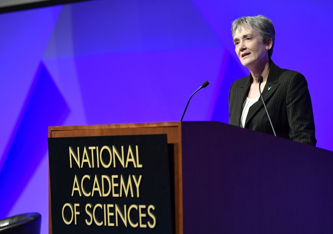 Secretary of the Air Force Heather Wilson speaks to the audience at the National Academy of Sciences, Washington, D.C., Jan. 18, 2018. Wilson highlighted the importance of working with universities and private industry to advance tomorrow’s Air Force. (U.S. Air Force photo by Wayne A. Clark)