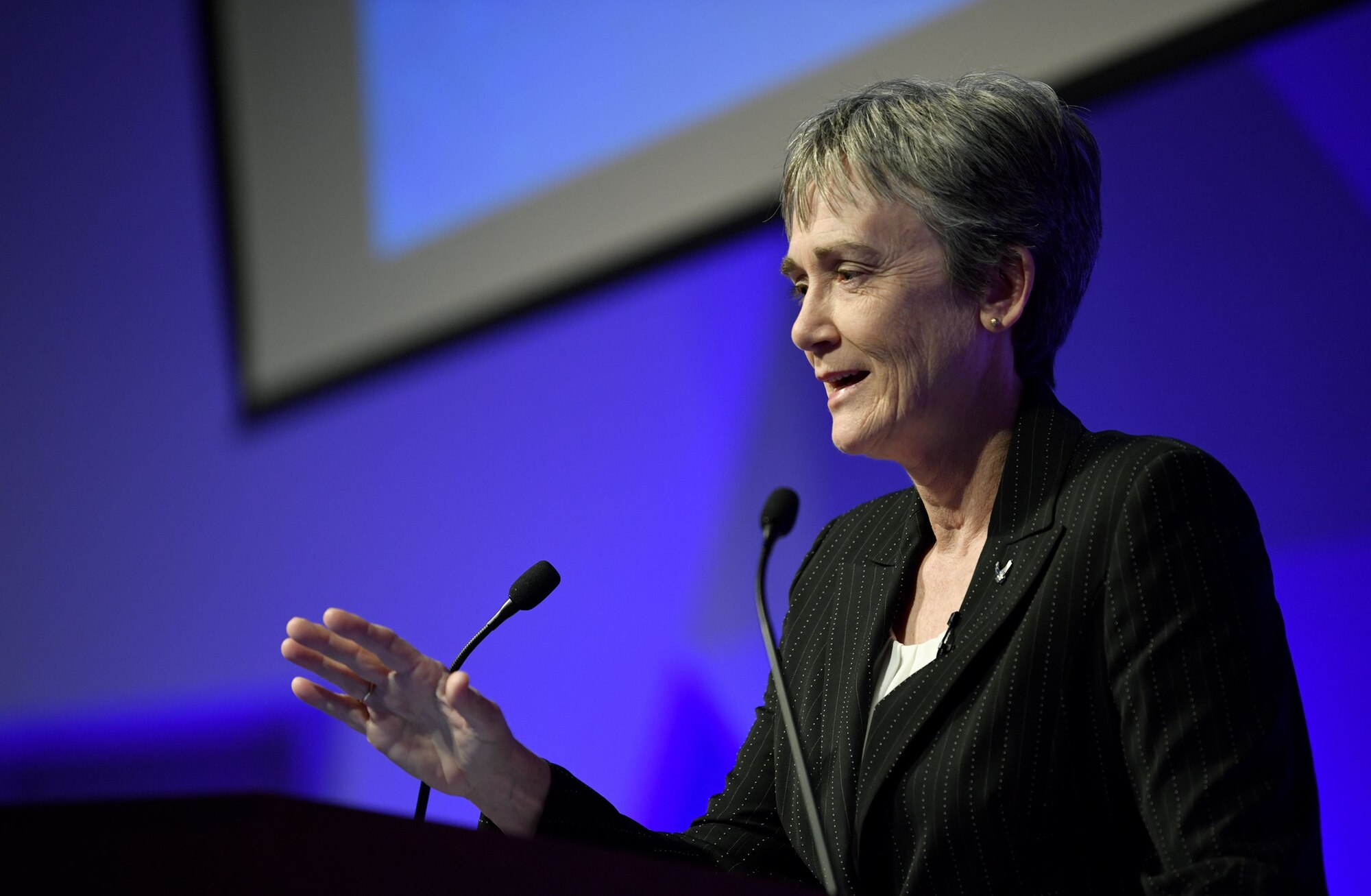 Secretary of the Air Force Heather Wilson speaks to the audience at the National Academy of Sciences, Washington, D.C., Jan. 18, 2018.  Wilson highlighted the importance of working with universities and private industry to advance tomorrow’s Air Force. (U.S. Air Force photo by Wayne A. Clark)