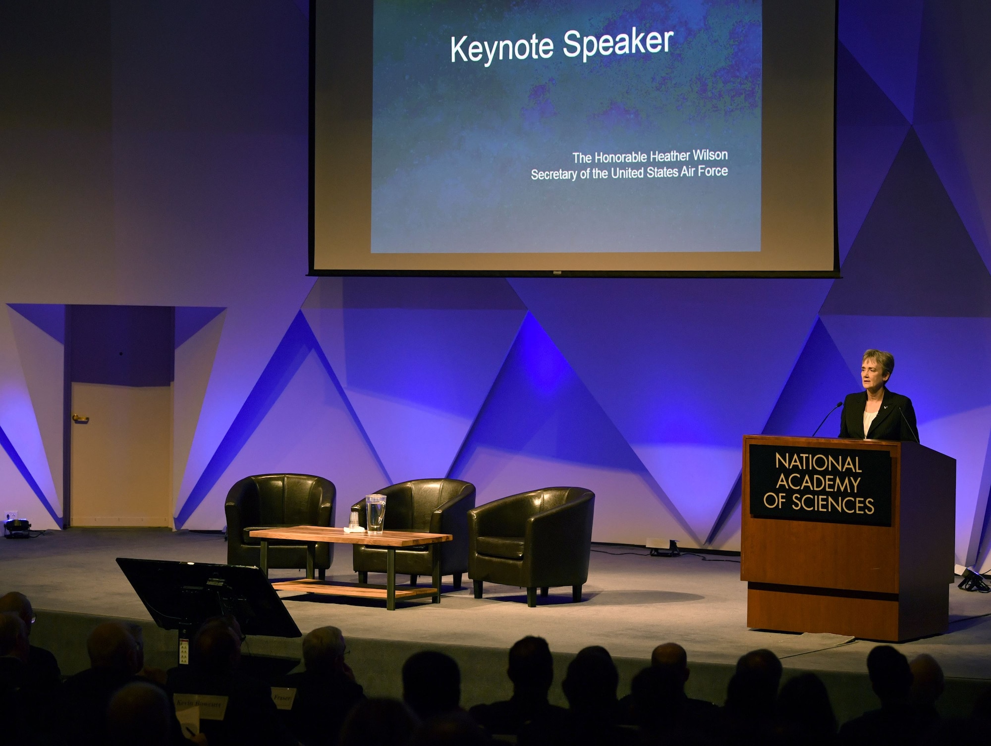 Secretary of the Air Force Heather Wilson speaks to the audience at the National Academy of Sciences, Washington, D.C., Jan. 18, 2018.  Wilson highlighted the importance of working with universities and private industry to advance tomorrow’s Air Force. (U.S. Air Force photo by Wayne A. Clark)