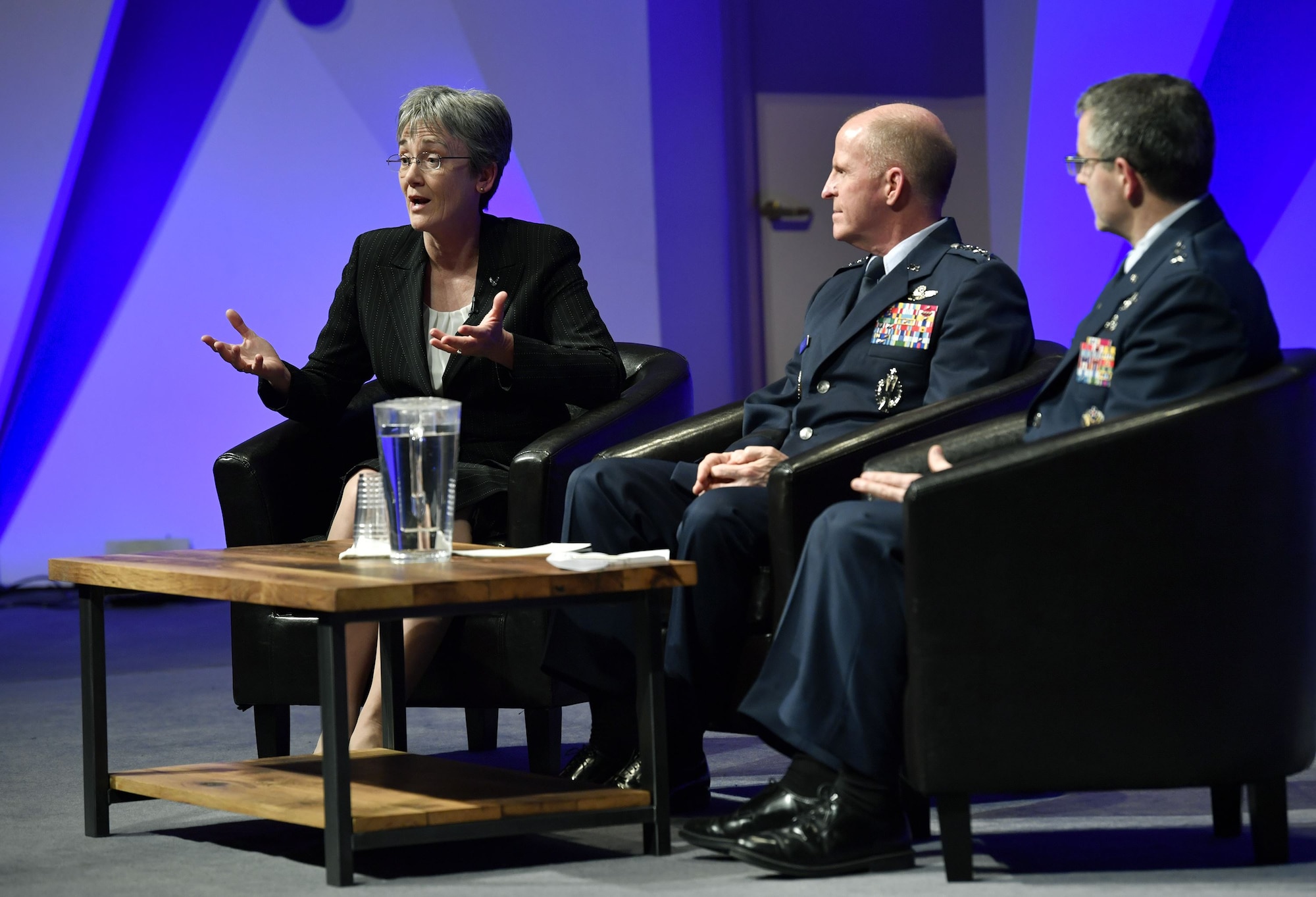 Secretary of the Air Force Heather Wilson takes questions while sharing the panel with Vice Chief of Staff of the Air Force Gen. Stephen Wilson and Air Force Research Laboratory commander Major Gen. William Cooley at the National Academy of Sciences, Washington, D.C., Jan. 18, 2018. Wilson highlighted the importance of working with universities and private industry to advance tomorrow’s Air Force. (U.S. Air Force photo by Wayne A. Clark)