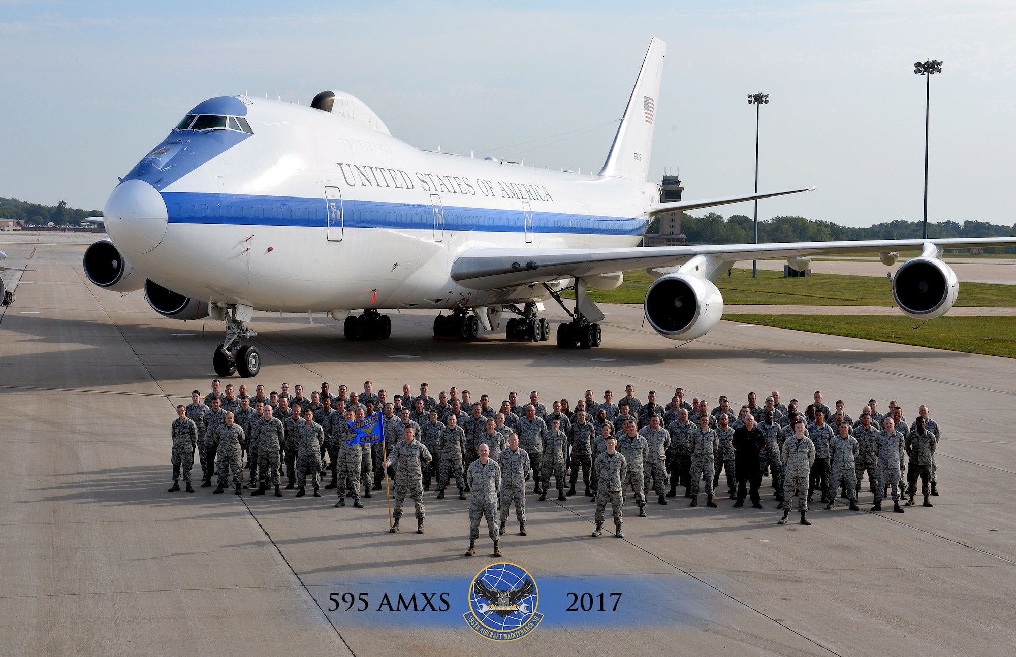 Members of the 595th Aircraft Maintenance Squadron (AMXS) stationed at Offutt Air Force Base, Nebraska, stand on the flightline in front of the E-4B Sept. 15, 2017. The 595th AMXS was awarded the Air Force Global Strike Command Unit Effectiveness Award Jan. 4, 2018, barely a year after the activation of the group.