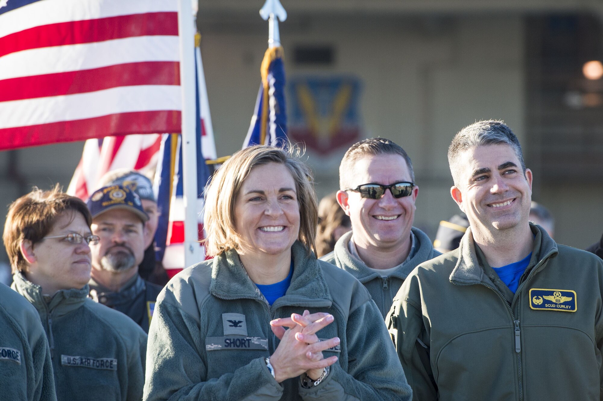 Moody leadership awaits the arrival of the 74th Expeditionary Fighter Squadron during a redeployment ceremony, Jan. 19, 2018, at Moody Air Force Base, Ga. Over 300 Airmen from Moody deployed for seven months in support of Operation Inherent Resolve to defeat ISIS in designated areas in Iraq and Syria.
