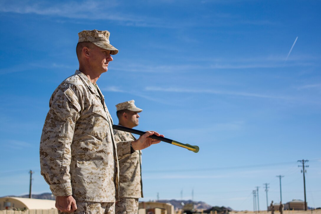Colonel Michael S. Stskal, Commanding Officer, 3rd Marine Regiment, 3rd Marine Division, participates in a post and relief ceremony at Camp Wilson aboard the Marine Corps Air Ground Combat Center, Twentynine Palms, Calif., Jan 17, 2018. The post and relief ceremony took place during an integrated training exercise that 3rd Marine Division took part in. (U.S. Marine Corps photo by Pfc. Rachel K. Porter)
