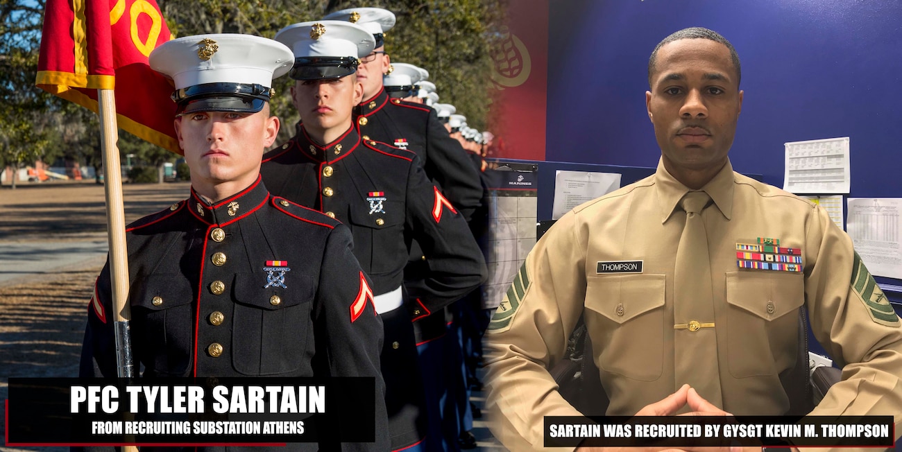 Private First Class Tyler Sartain graduated Marine Corps recruit training Jan. 19, 2018, aboard Marine Corps Recruit Depot Parris Island, South Carolina. Sartain was the Honor Graduate of platoon 1000. Sartain was recruited by GySgt. Kevin M. Thompson from Recruiting Substation Athens. (U.S. Marine Corps photo by Lance Cpl. Jack A. E. Rigsby)