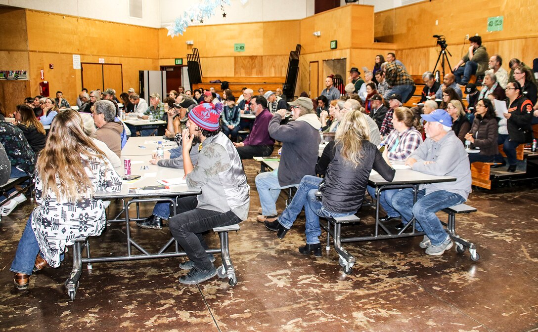 Residents of Mendocino County gathered Jan. 17 in the Eagle Peak Middle School in Redwood Valley, California for a community meeting. The audience listened to updates concerning debris removal and rebuilding information given by county, city, state and federal representatives.