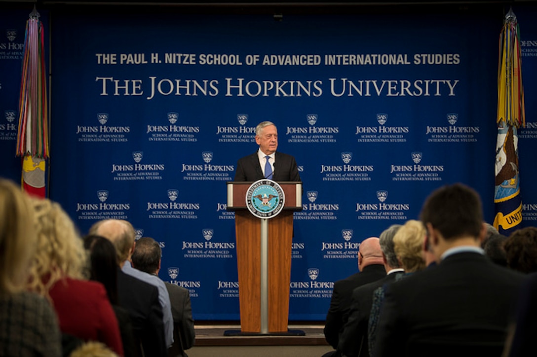 Defense Secretary James N. Mattis announces the new National Defense Strategy at the Paul H. Nitze School of Advanced International Studies, a division of the Johns Hopkins University based in Washington.