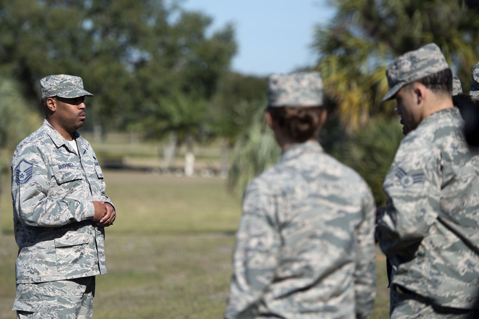 U.S Air Force Master Sgt. David Bushnell, lodging section chief assigned to the 6th Force Support Squadron, briefs his search and recovery team before a training exercise Jan. 17, 2018, at MacDill Air Force Base, Fla.