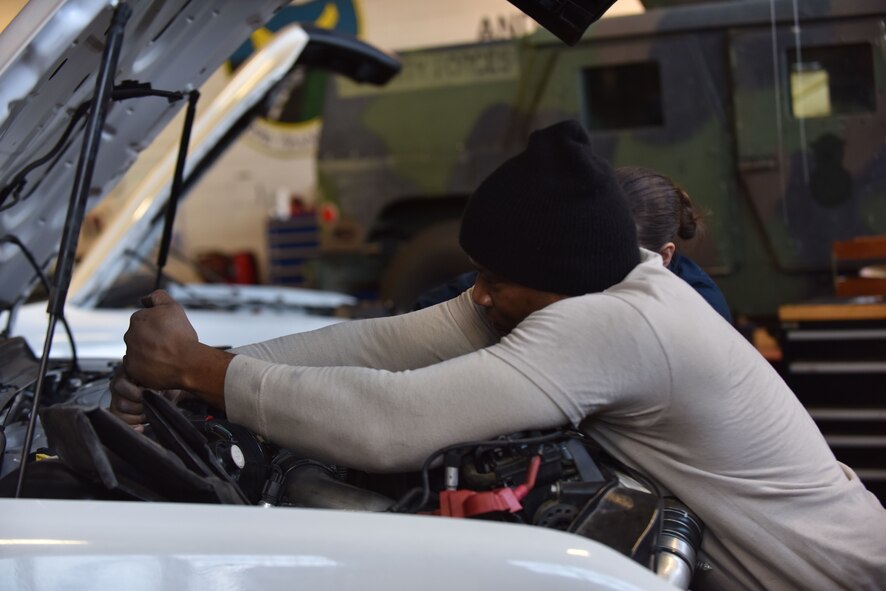 Members of the 509th Logistics Readiness Squadron (LRS) vehicle maintenance shop, perform various mechanical
repairs throughout the shop at Whiteman Air Force Base, Mo., Jan. 17, 2018.