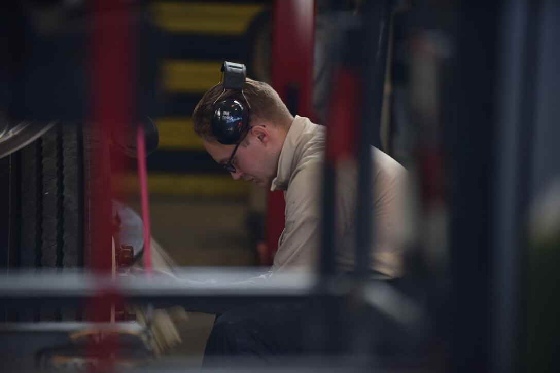 Members of the 509th Logistics Readiness Squadron (LRS) vehicle maintenance shop, perform various mechanical
repairs throughout the shop at Whiteman Air Force Base, Mo., Jan. 17, 2018.
