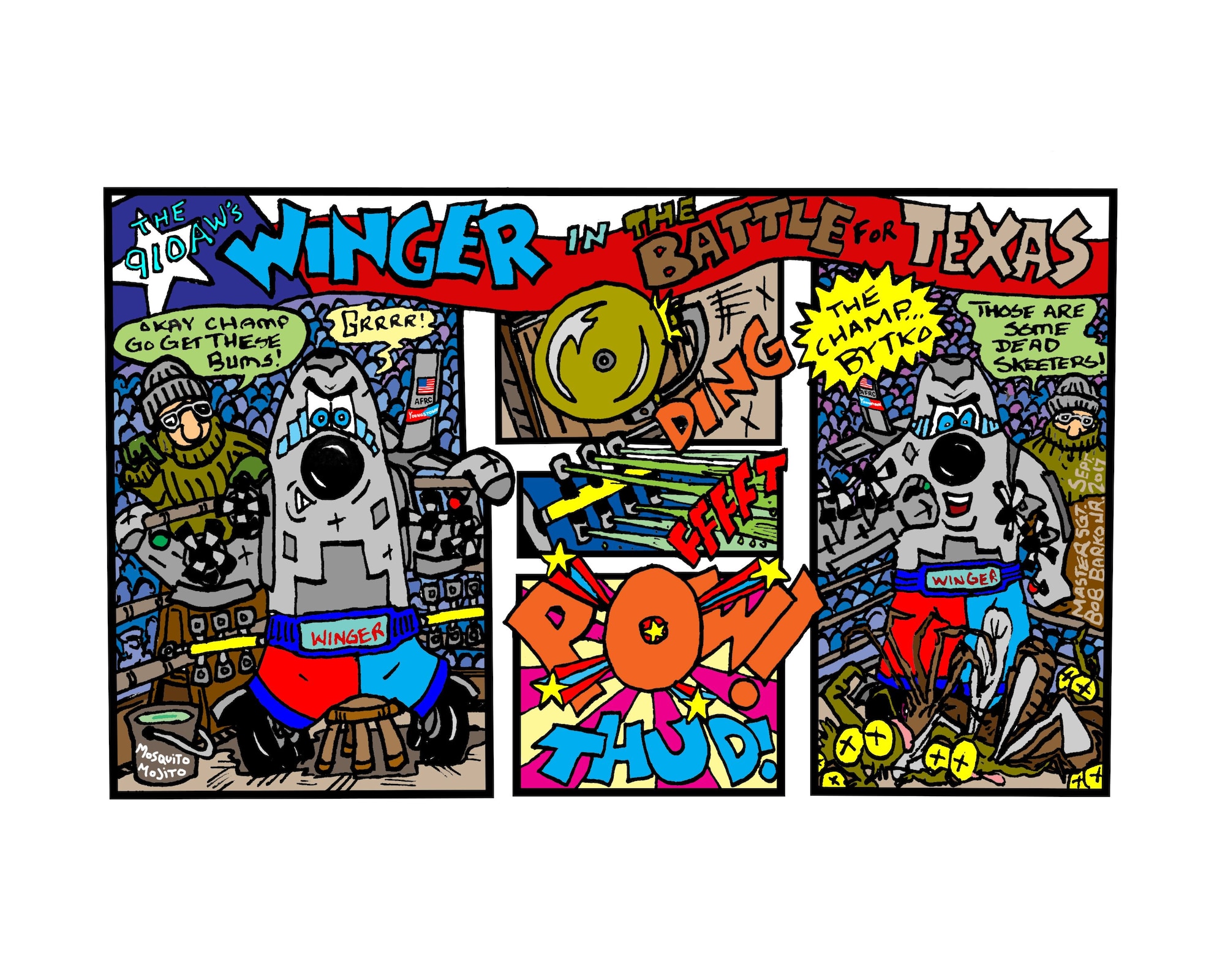 The 910th Airlift Wing’s official mascot, Winger, is depicted in this comic strip ‘The Battle for Texas’ as he ‘goes into the ring’ to use the wing’s unique aerial spray capability to combat countless numbers of potentially disease carrying mosquitoes that descended on the Lone Star State in the aftermath of Hurricane Harvey. In September 2017, a team of more than 90 Reserve Citizen Airmen assigned to the 910th travelled to Joint Base San Antonio to carry out mosquito control aerial spray operations in areas of east Texas devastated by Harvey.