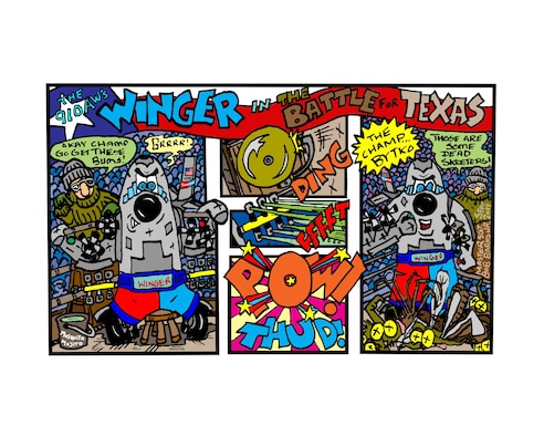 The 910th Airlift Wing’s official mascot, Winger, is depicted in this comic strip ‘The Battle for Texas’ as he ‘goes into the ring’ to use the wing’s unique aerial spray capability to combat countless numbers of potentially disease carrying mosquitoes that descended on the Lone Star State in the aftermath of Hurricane Harvey. In September 2017, a team of more than 90 Reserve Citizen Airmen assigned to the 910th travelled to Joint Base San Antonio to carry out mosquito control aerial spray operations in areas of east Texas devastated by Harvey.