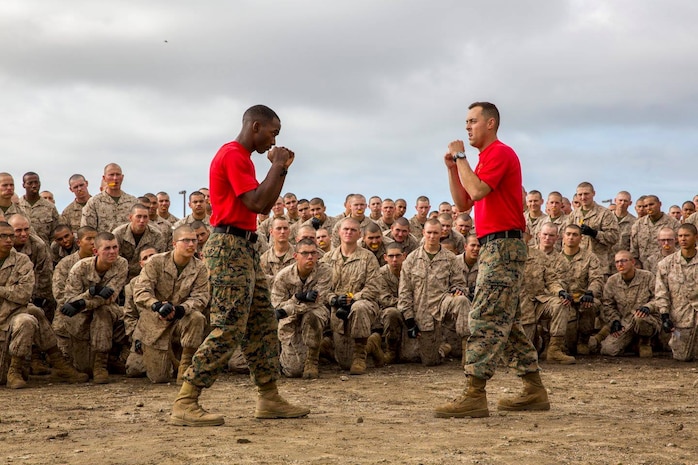 Drill instructors from Delta Company, 1st Recruit Training Battalion, demonstrate Marine Corps Martial Arts Program techniques at Marine Corps Recruit Depot San Diego, Jan. 10. The MCMAP classes teach recruits basic combat techniques and instill a warrior ethos as they transform into Marines. Annually, more than 17,000 males recruited from the Western Recruiting Region are trained at MCRD San Diego. Delta Company is scheduled to graduate Feb. 2.
(Photo by: Lance Cpl. Christian M. Garcia)