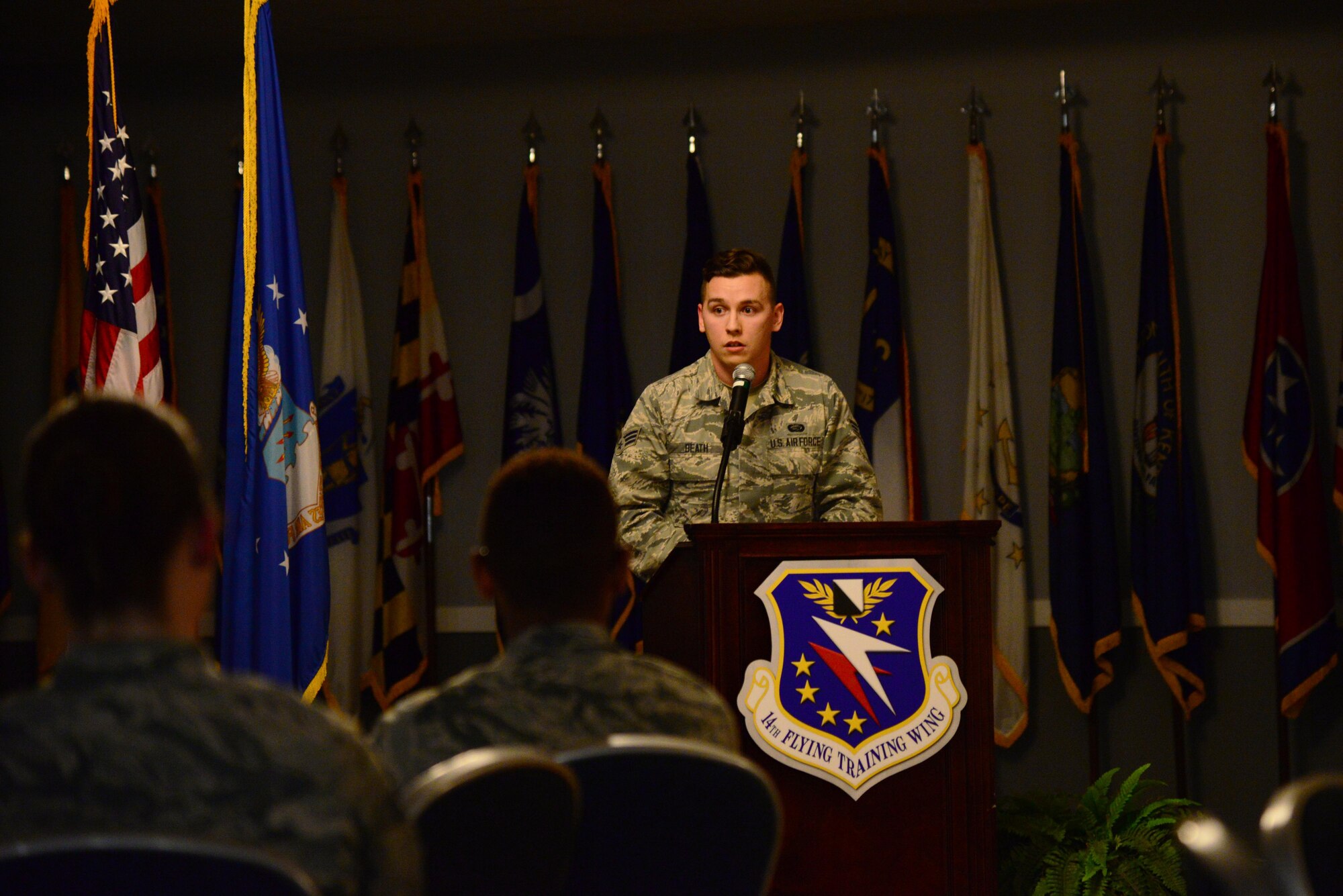 Senior Airman Kyle Beath, 14th Force Support Squadron Force Management journeyman, tells his story during Storytellers Jan. 11, 2018, at Columbus Air Force Base, Mississippi. Beath talked about how the loss of his grandfather affected his life. (U.S. Air Force photo by Airman 1st Class Beaux Hebert)