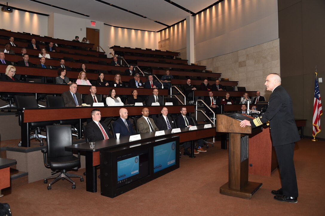 U.S. Navy Vice Adm. Charles Richard, deputy commander of U.S. Strategic Command (USSTRATCOM), delivers the keynote address during the USSTRATCOM Leadership Fellows Program kickoff at the University of Nebraska at Omaha’s Mammel Hall, Jan. 18, 2018.