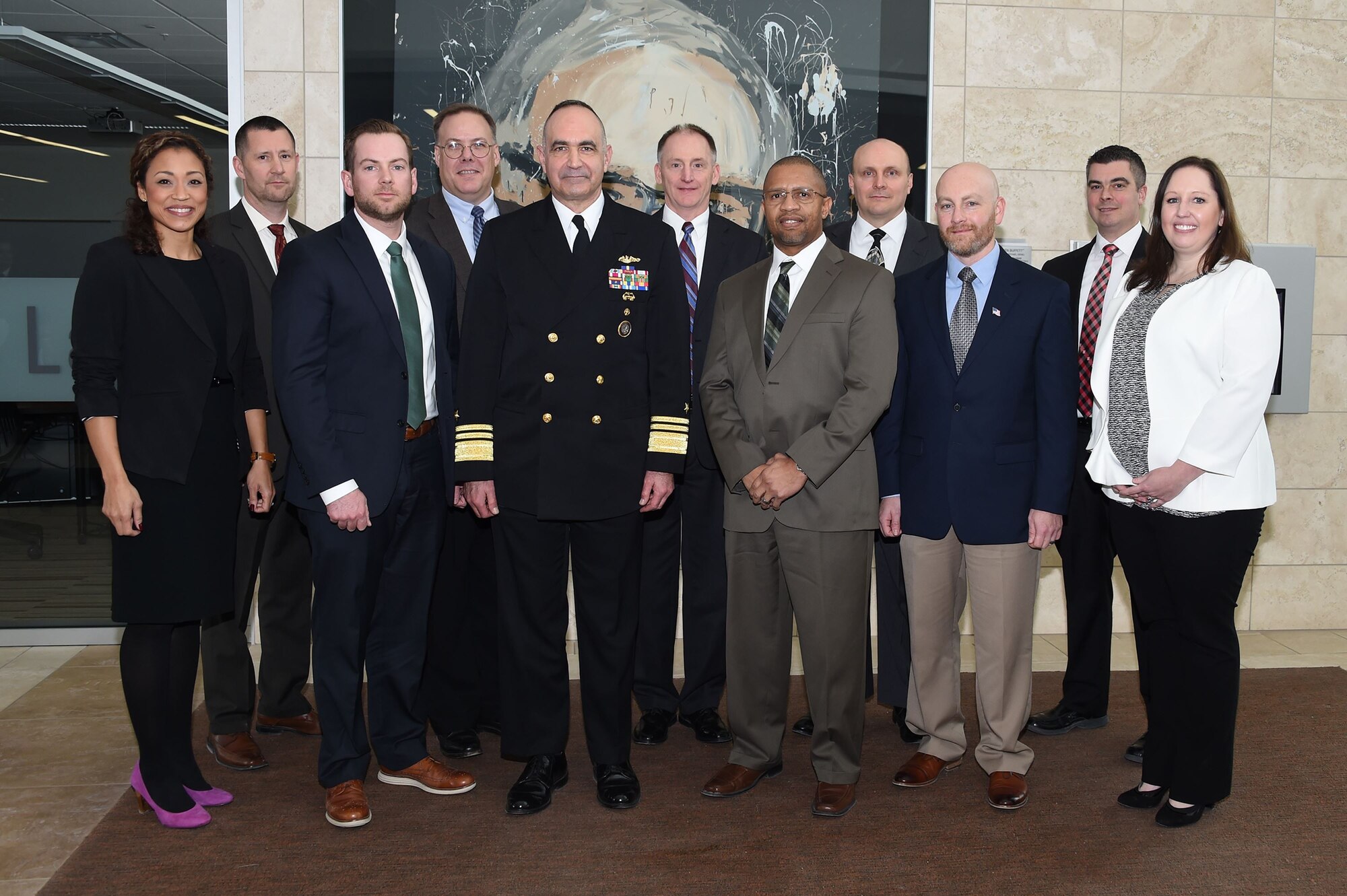 U.S. Navy Vice Adm. Charles Richard (center), deputy commander of U.S. Strategic Command (USSTRATCOM), attends the 2018 USSTRATCOM Strategic Leadership Fellows Program kickoff along with program participants at University of Nebraska at Omaha’s Mammel Hall, Jan. 18, 2017