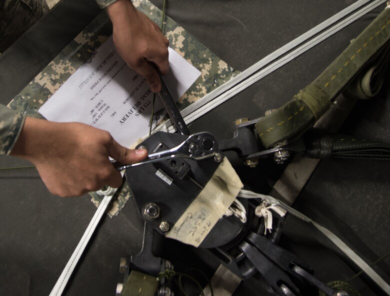 U.S. Air Force Senior Airman Roger Blumhorst, 773d Logistics Readiness Squadron combat mobility technician, tightens the screws on an M1 cargo parachute release at Joint Base Elmendorf-Richardson, Alaska, Jan. 18, 2018. As the cargo load touches down after an airdrop, the M1 triggers the parachute to fall to the side of the load, initiating the release and preventing loads from dragging or tipping. If the screws are not tightened properly, it could result in complete loss of the assets on the pallet.