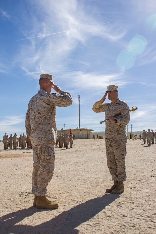 Sgt. Maj. Alfonso D. Via, former 3rd Marine Regiment Sgt. Maj., 3rd Marine Regiment, 3rd Marine Division,is relieved by Colonel Michael S. Stskal, Commanding Officer, 3rd Marine Regiment, 3rd Marine Division, during a post and relief ceremony at Camp Wilson aboard the Marine Corps Air Ground Combat Center, Twentynine Palms, Calif., Jan. 17, 2018. The post and relief ceremony took place during an integrated training exercise that 3rd Marine Division took part in. (U.S. Marine Corps photo by Pfc. Rachel K. Porter)