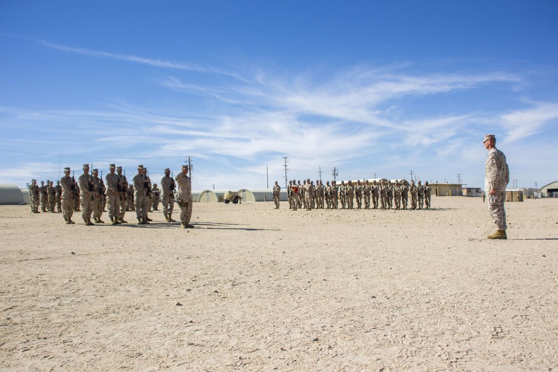 Colonel Michael S. Stskal, Commanding Officer, 3rd Marine Regiment, 3rd Marine Division, participates in post and relief ceremony at Camp Wilson aboard the Marine Corps Air Ground Combat Center, Twentynine Palms, Calif., Jan. 17, 2018. The post and relief ceremony took place during an integrated training exercise that 3rd Marine Division took part in. (U.S. Marine Corps photo by Pfc. Rachel K. Porter)