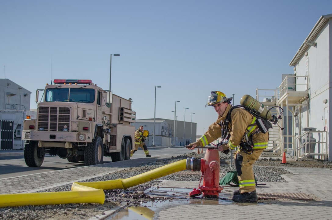 U.S. Air Force Senior Airman Steven Werchek, 380th Expeditionary Civil Engineer Squadron firefighter, loosens a fire hydrant at Al Dhafra Air Base, United Arab Emirates, Jan. 12, 2018. The firefighters were being evaluated on different ways to transfer water through the fire engine. (U.S. Air National Guard photo by Staff Sgt. Colton Elliott)