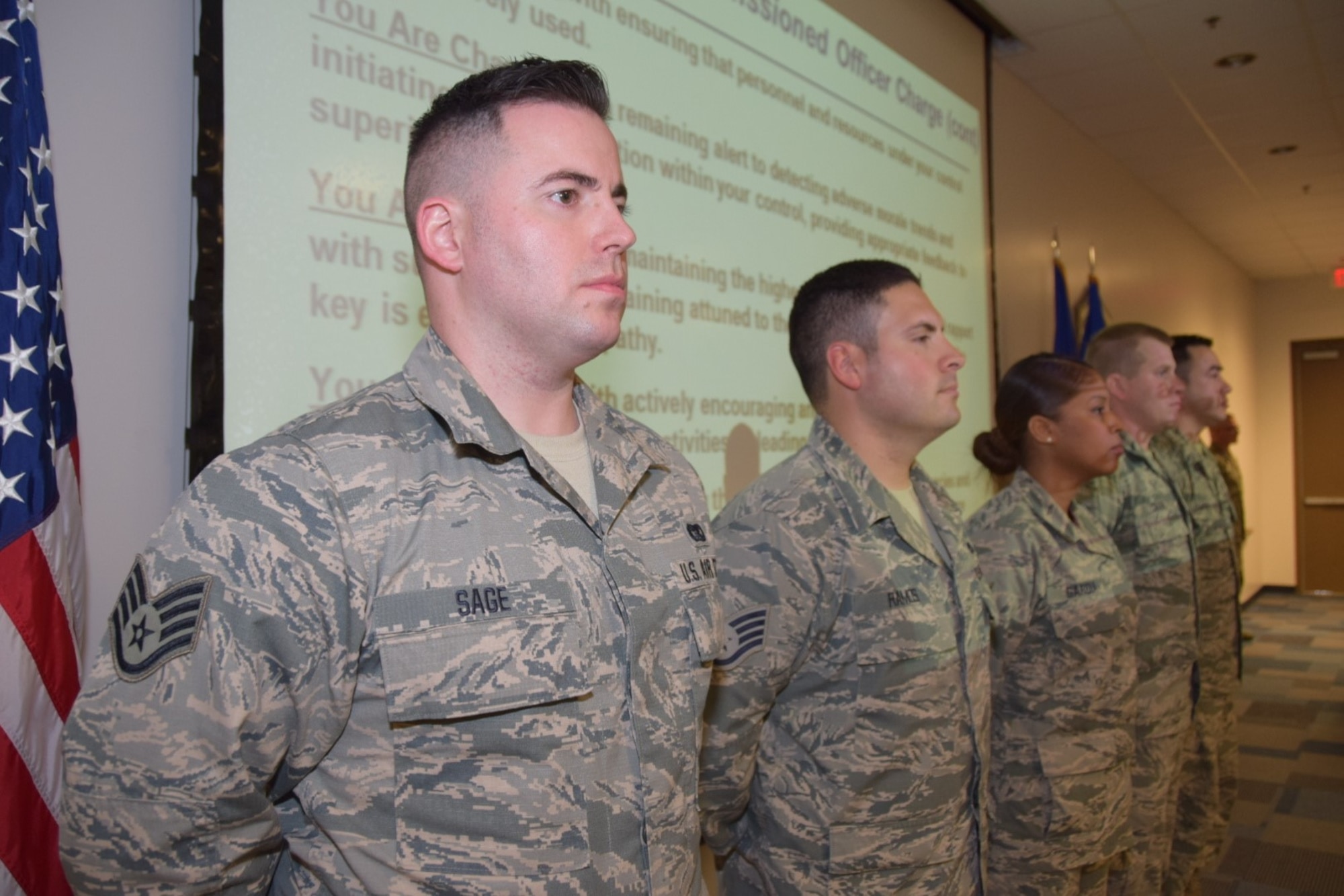 Five former tech sergeants and five senior airmen were recognized in an NCO induction ceremony held during the recent Unit Training Assembly weekend at the Robert D. Gaylor NCO Academy, Joint Base San Antonio-Lackland, Texas on Jan. 20, 2018.   (U.S. Air Force photo by Tech Sgt. Carlos J. Treviño)