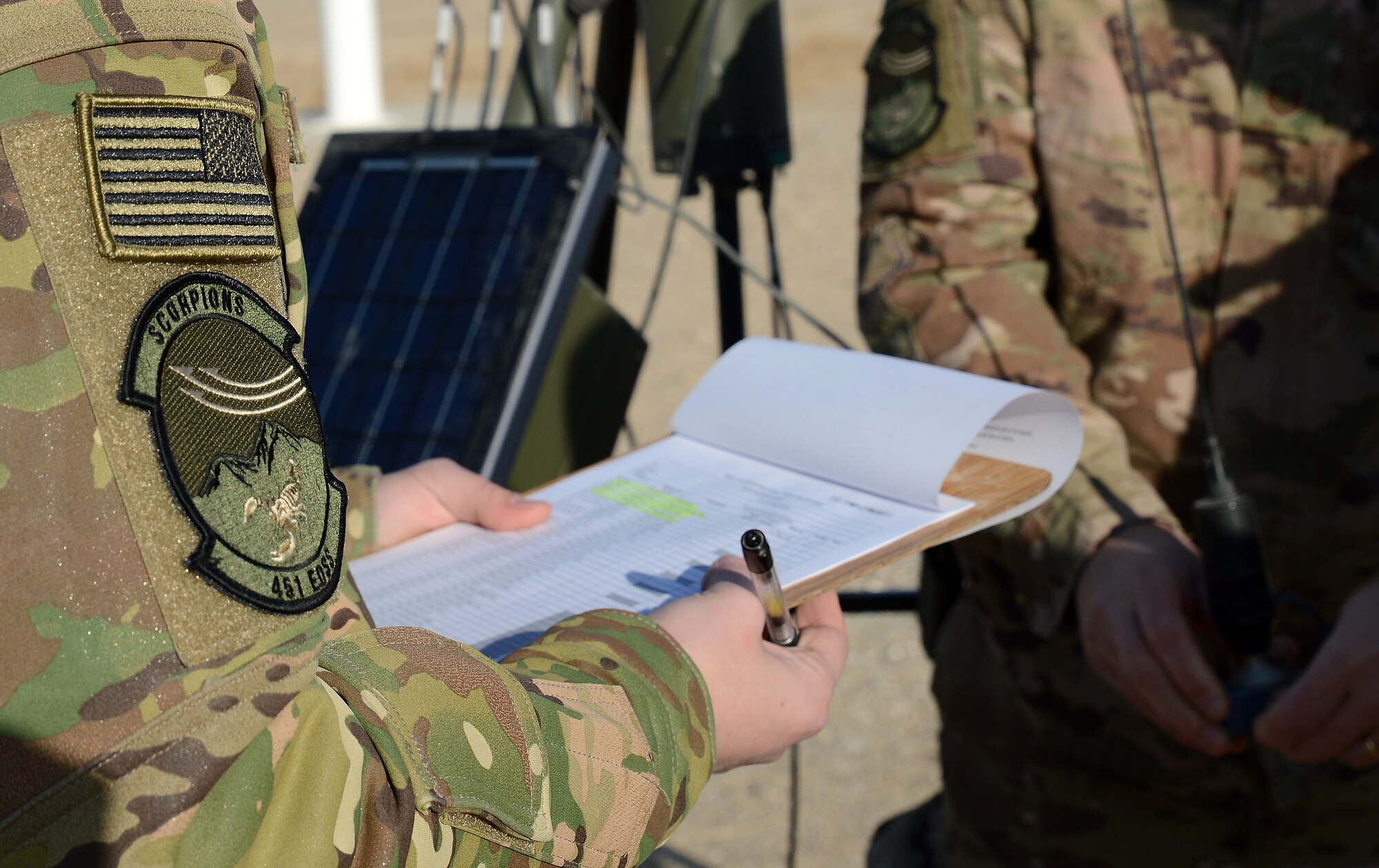 Staff Sgt. Tim Everhard, 451st Expeditionary Operation Support Squadron weather forecaster craftsman, does inventory on weather equipment Jan. 11, 2018 at Kandahar Airfield, Afghanistan.