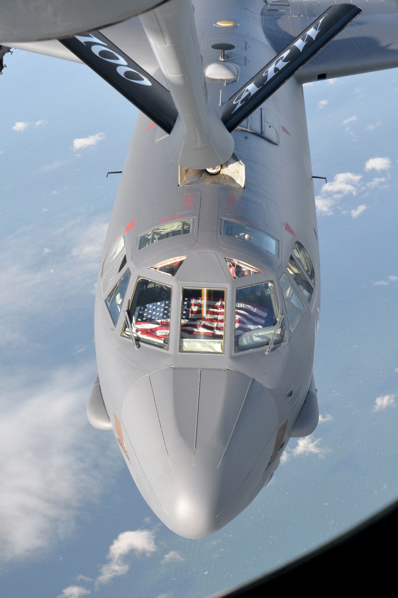 A U.S. Air Force B-52 Stratofortress deployed from Minot Air Force Base, N.D., receives fuel from a KC-135 Stratotanker assigned to the 100th Air Refueling Wing at RAF Mildenhall off the coast of England, Jan. 19, 2018.