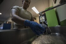 U.S. Air Force Airman 1st Class Denise McCarthy, 44th Fighter Squadron aircrew flight equipment apprentice, cleans an oxygen mask Jan. 18, 2018, at Kadena Air Base, Japan. Equipment must be tested, inspected and cleaned regularly to ensure proper functionality. (U.S. Air Force photo by Staff Sgt. Micaiah Anthony)