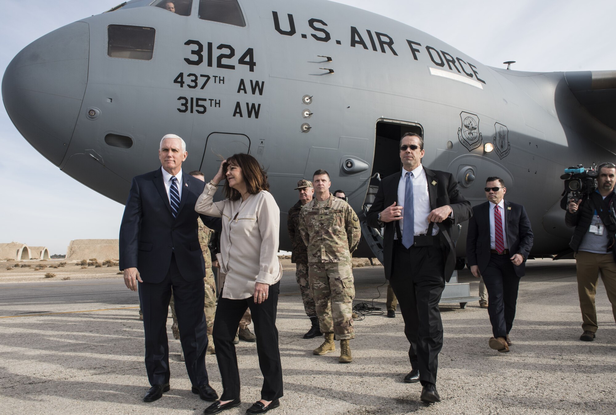 U.S. Vice President Mike Pence, accompanied by his wife Karen, arrives at an undisclosed military installation in Southwest Asia, January 21, 2018. Pence made time during his extended trip across the region to visit with service members and thank them for their continued efforts in support of Operation Inherent Resolve. (U.S. Air Force photo by Staff Sgt. Joshua Kleinholz)
