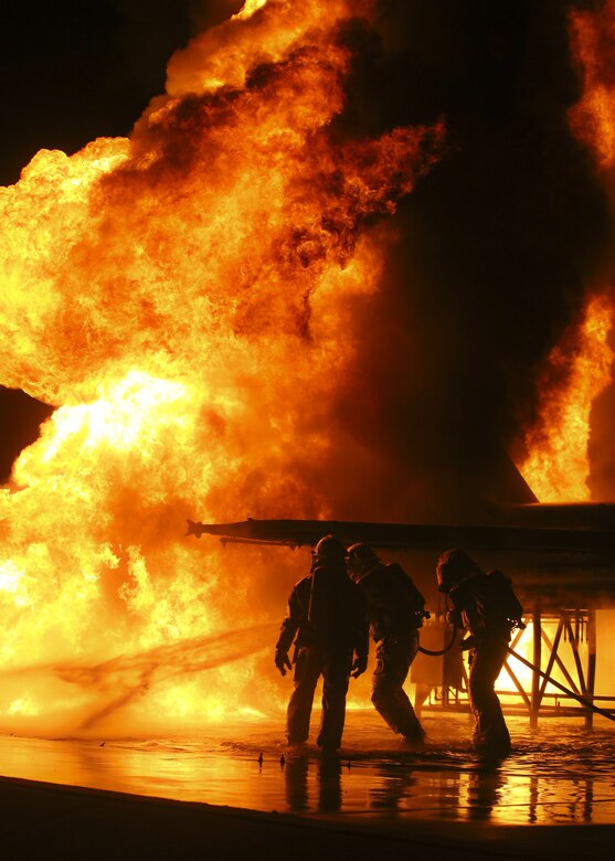 Aircraft Rescue and Firefighting Marines fight a jet fuel training fire aboard Marine Corps Air Station Beaufort, Jan. 19. The exercise was part of regular training to test ARFF’s readiness for an aircraft accident.  The Marines are with Headquarters and Headquarters Squadron.