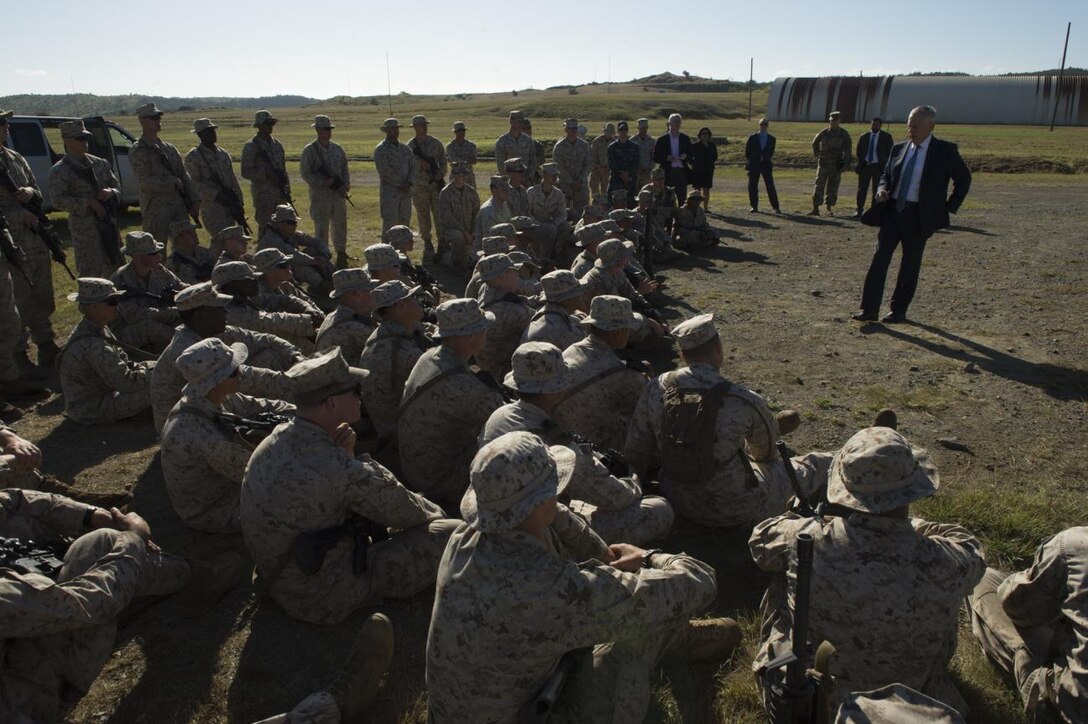 Secretary of Defense James Mattis speaks to Marines attached to U.S. Marine Corps Security Forces Company and Marines from 3rd platoon, Bravo Co., Fleet Anti-terrorism Security Team, U.S. Marine Corps Security Forces Regiment, in Naval Station Guantanamo Bay, Cuba, Jan. 2. Secretary Mattis was the first Secretary of Defense to visit NSGB since 2002. (U. S. Navy photo by Mass Communication Specialist 1st Class John Philip Wagner, Jr./Released)