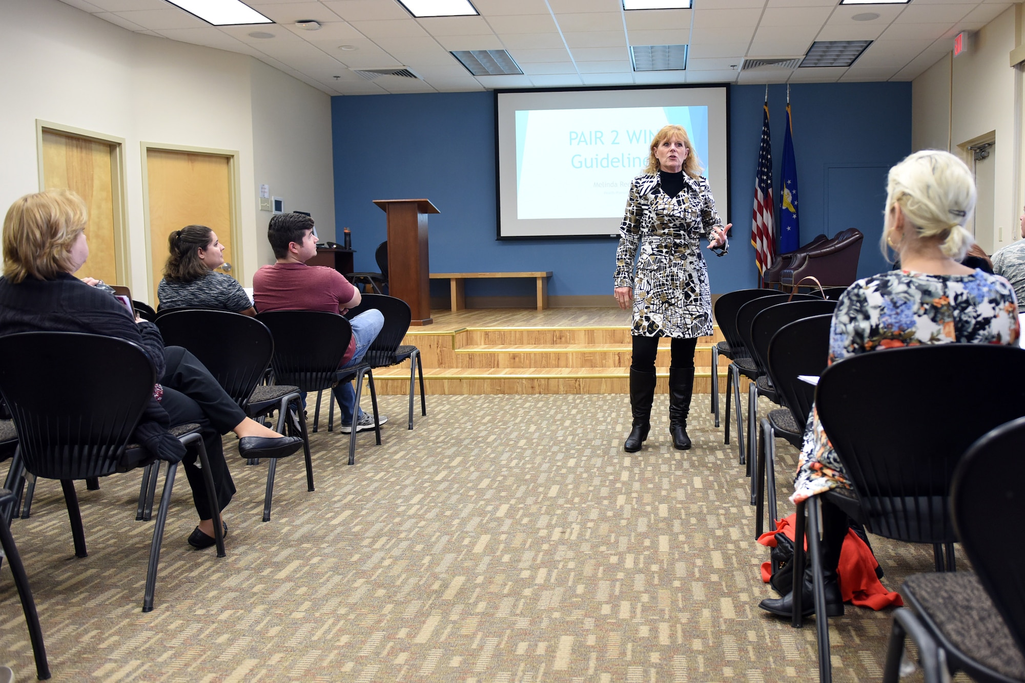 Melinda Reed, 30th Medical Group health promotion manager and dietician, briefs the “Pair 2 Win” program, Jan. 10, 2018, at Vandenberg Air Force Base, Calif. “Pair 2 Win” is a 12-week fitness program designed to improve the healthy lifestyle of military, dependents, civilians or contractors on Vandenberg. (U.S. Air Force photo by Tech. Sgt. Jim Araos/Released)