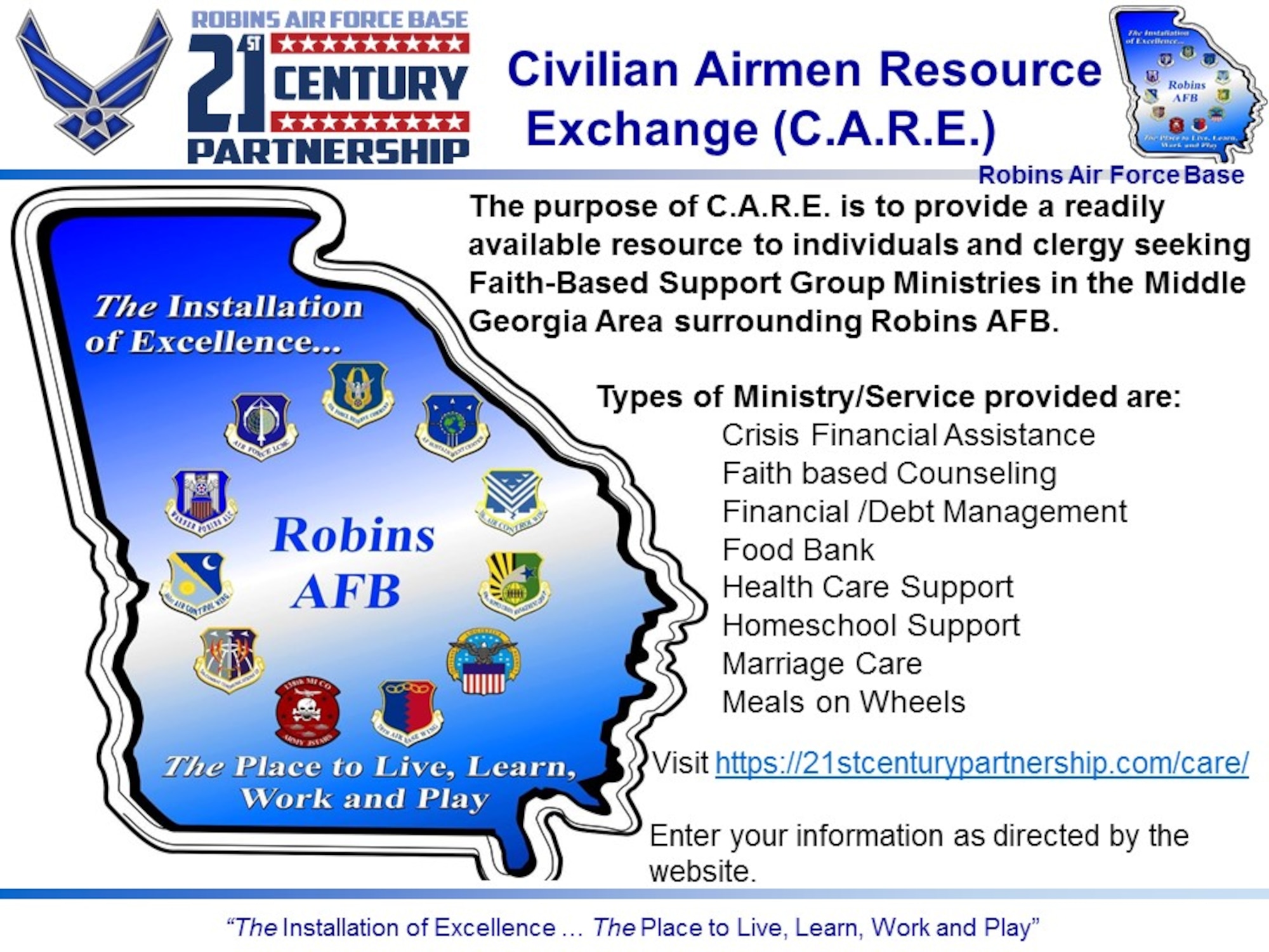 The purpose of C.A.R.E. is to provide a readily available resource to individuals and clergy seeking faith-based support group ministries in the Middle Georgia area. (U.S. Air Force graphic)