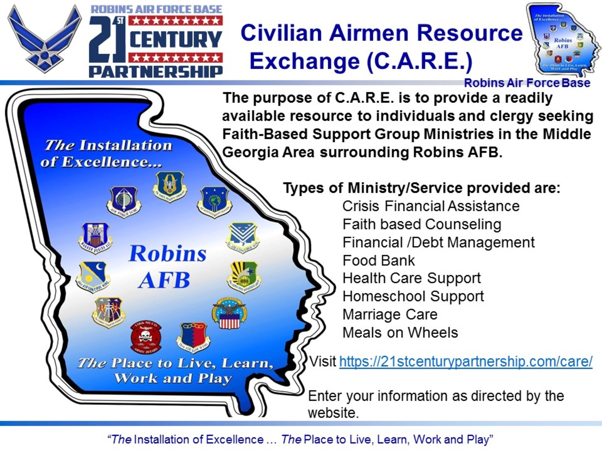 The purpose of C.A.R.E. is to provide a readily available resource to individuals and clergy seeking faith-based support group ministries in the Middle Georgia area. (U.S. Air Force graphic)