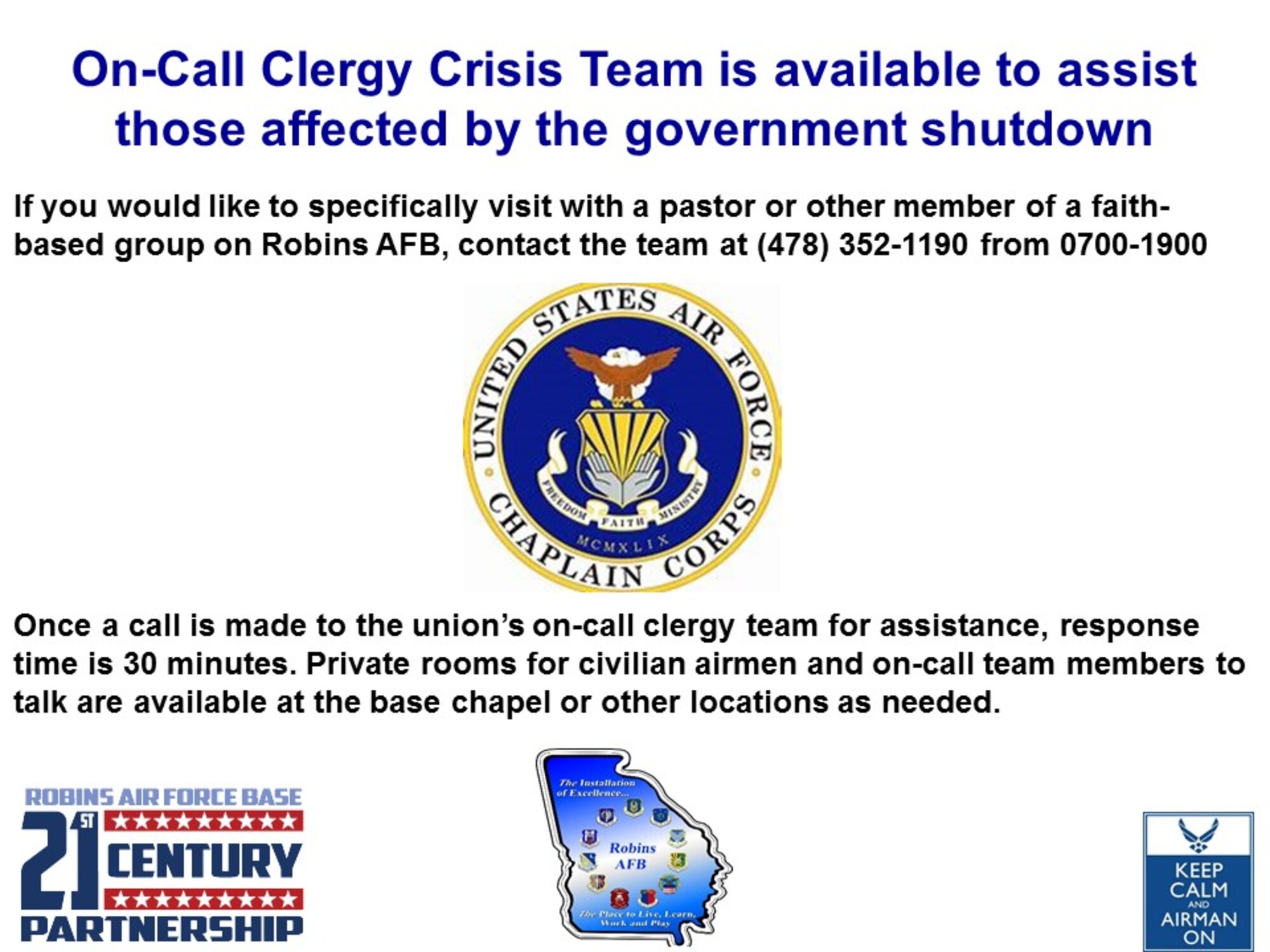 The on-call Clergy Crisis Team is available to assist those affected by the government shutdown. (U.S. Air Force graphic)