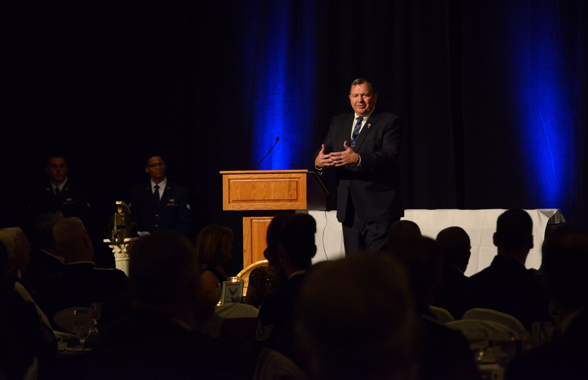 Retired Chief Master Sergeant Scott Dearduff, former 9th Air Force Command Chief, provides the keynote speech during the 2017 Annual Awards Banquet at The Wigwam in Litchfield Park, Ariz., Jan. 20, 2018. During his speech, Dearduff spoke about what it means to have a warrior spirit. (U.S. Air Force Photo/Airman 1st Class Alexander Cook)