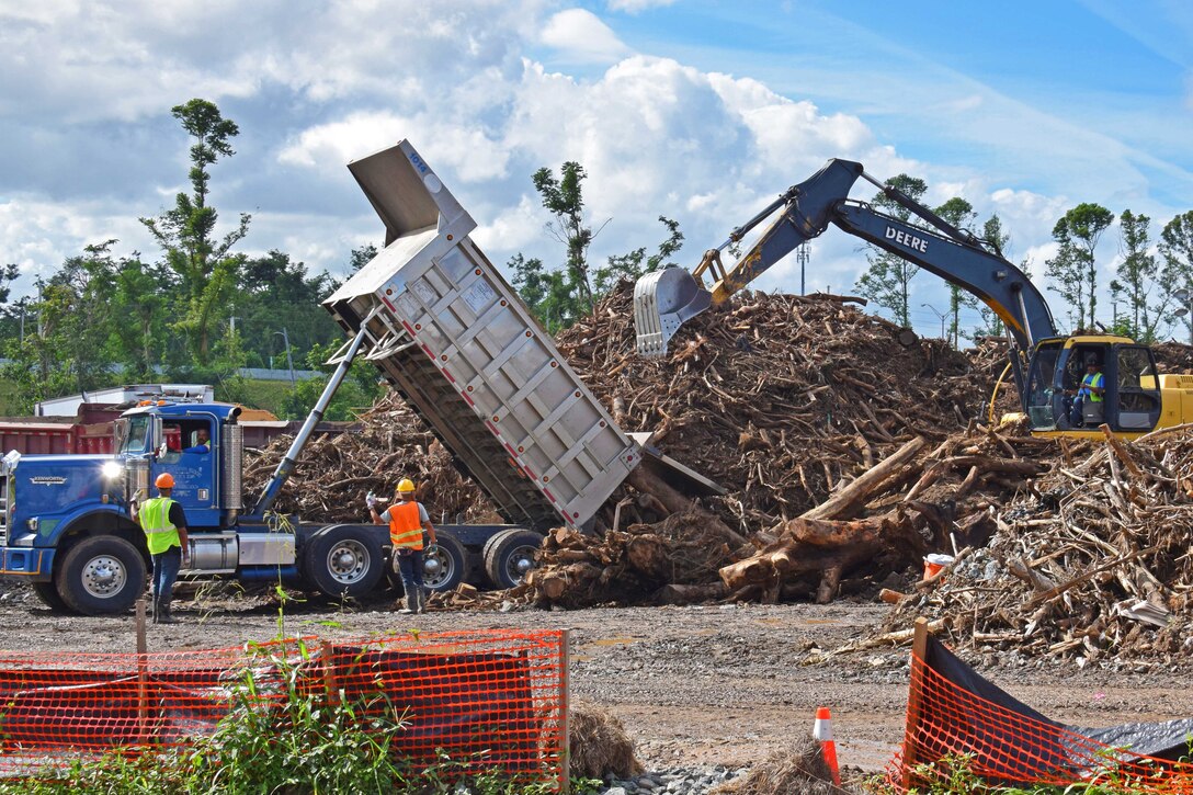 Workers operate a dump truck and tractor while moving a hill of vegetation.