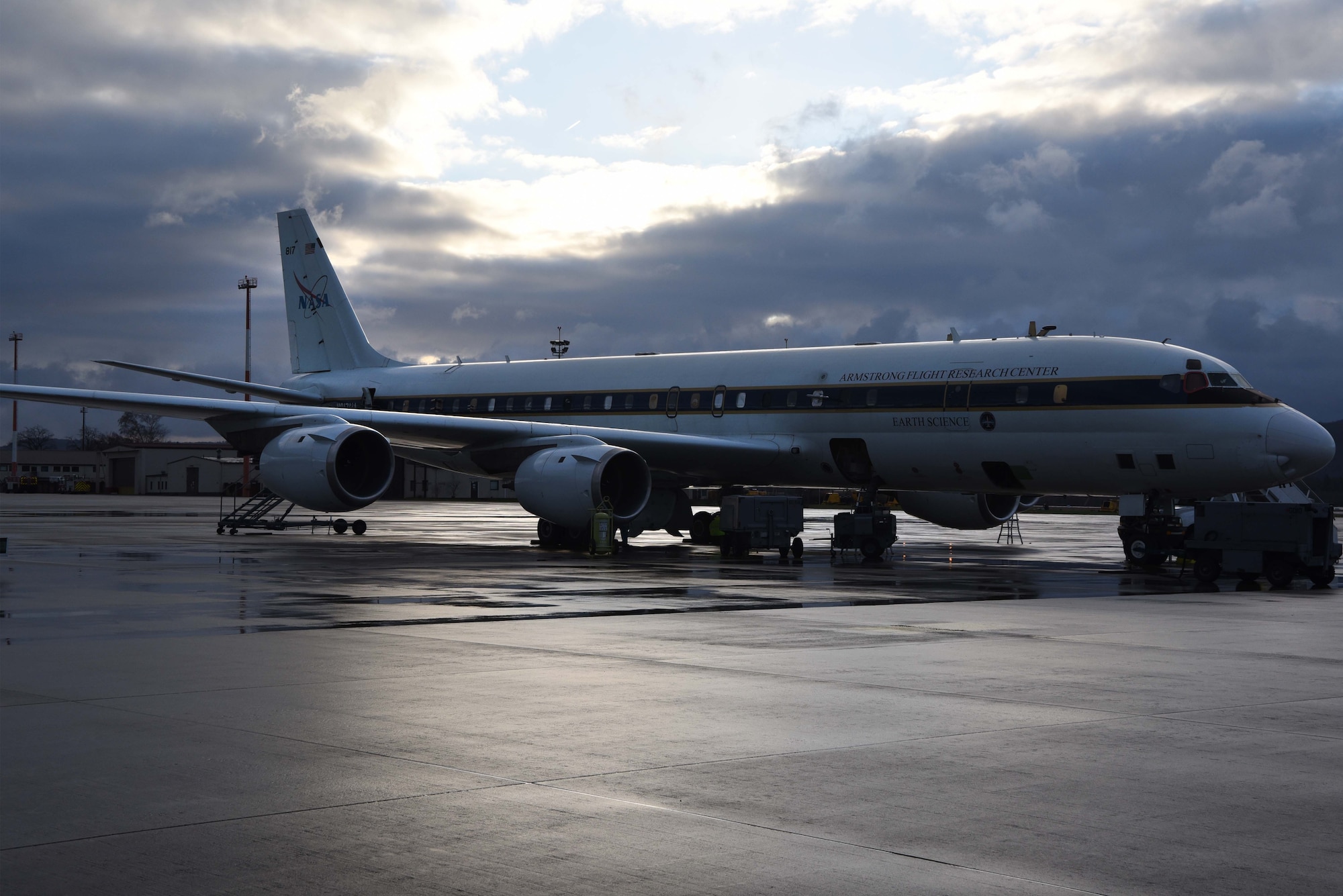 NASA’s Armstrong Flight Research Center, DC-8 jetliner, sits on Ramstein Air Base, Germany, waiting to take flight over Europe. The DC-8 is used to gather data to support international scientific experiments.