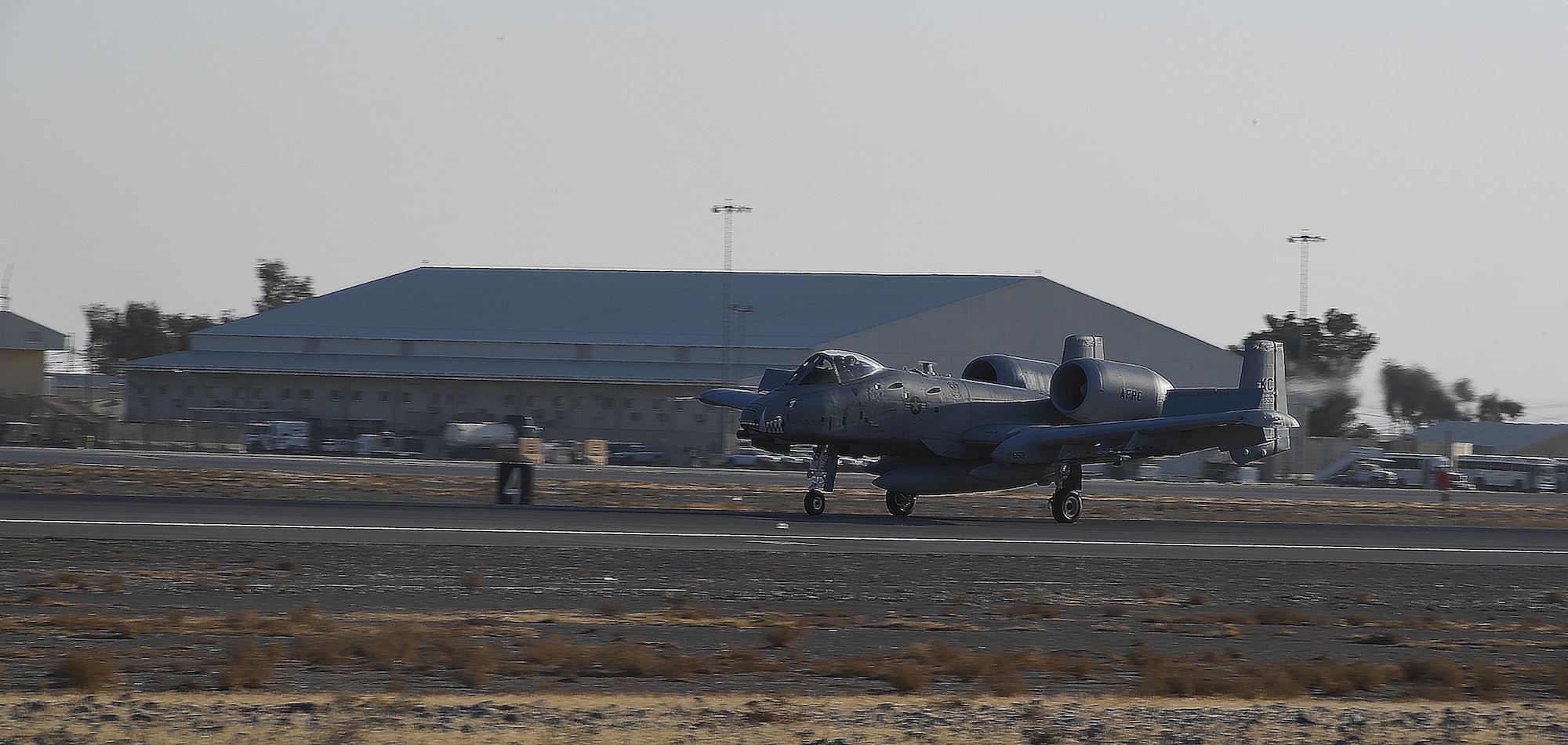 An A-10 Thunderbolt II, assigned to Whiteman Air Force Base, lands on Kandahar Airfield, Afghanistan, Jan. 19, 2018.