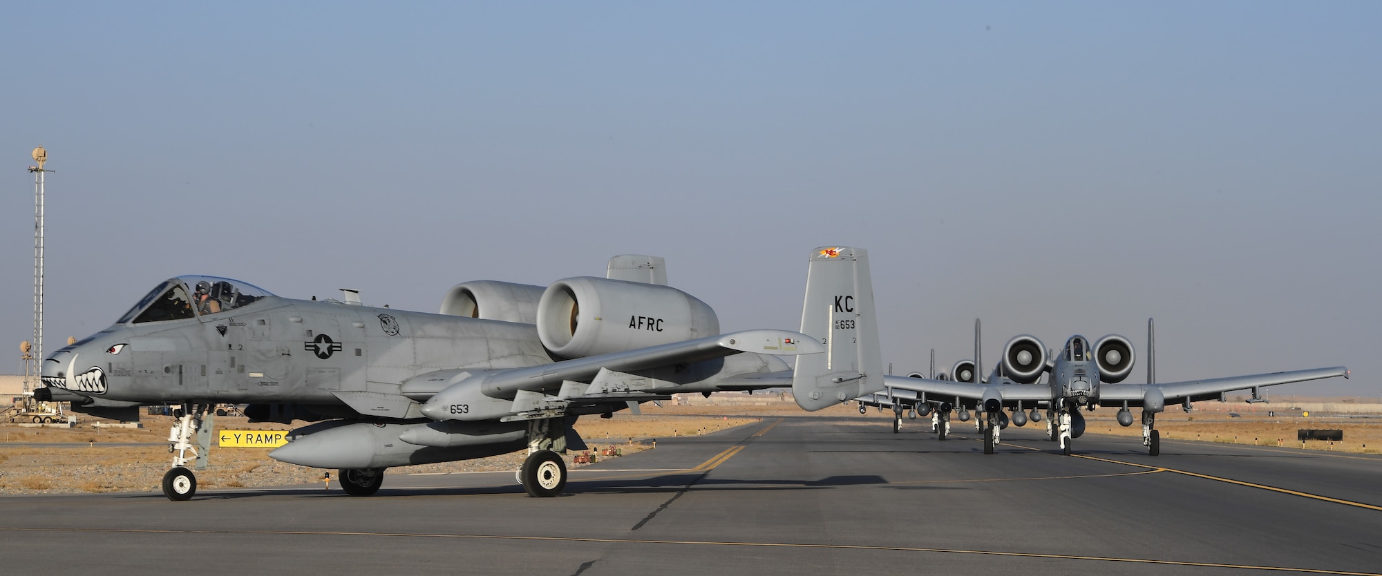 A-10 Thunderbolt IIs, assigned to Whiteman Air Force Base, arrive on Kandahar Airfield, Afghanistan, Jan. 19, 2018.